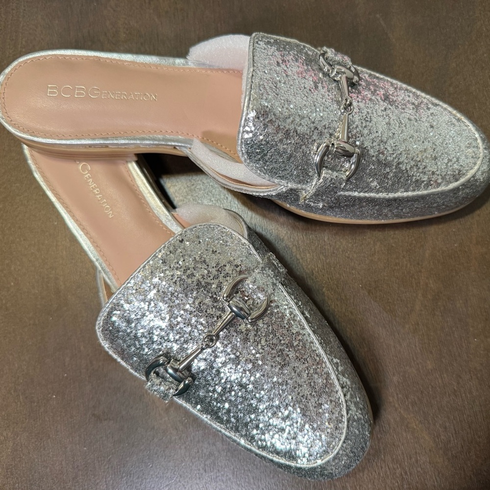 BCBGeneration Silver Glitter Mules